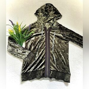 Mystree Emerald Crushed Velvet Velour Zip-Up Sweatshirt - Small